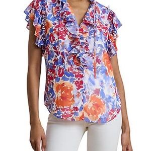 Ralph Lauren Georgette Trim V-neck Floral Flutter Ruffle Blouse